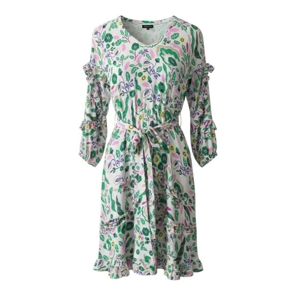 Jessie Zhao‎ Floral Ruffle Midi Dress Tie Waist V-Neck Green Pink White Medium